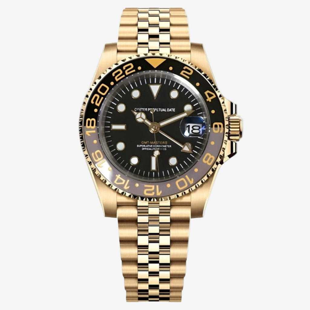 Gold wristwatch with black dial on a white background daytona seiko mod custom gold