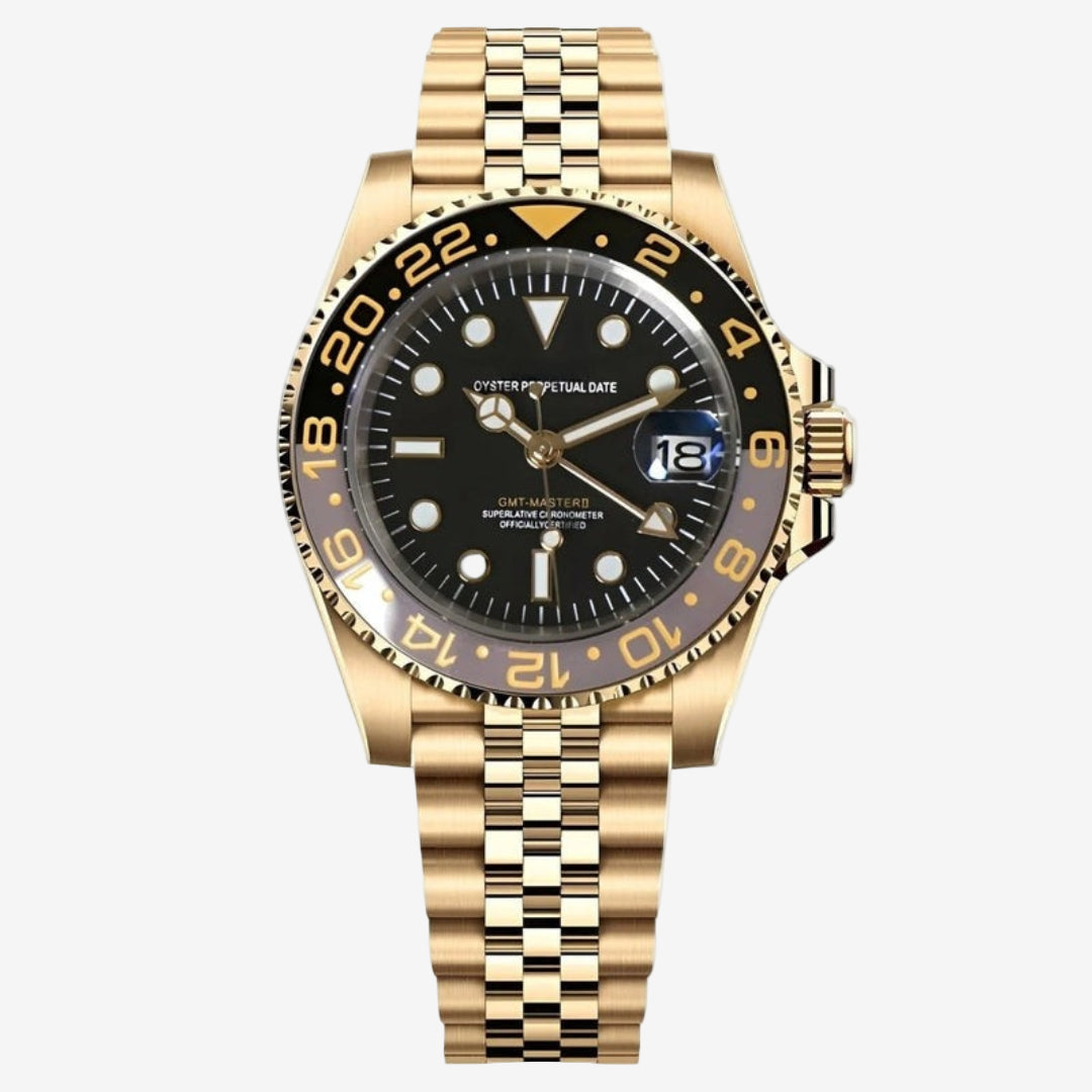 Gold wristwatch with black dial on a white background daytona seiko mod custom gold