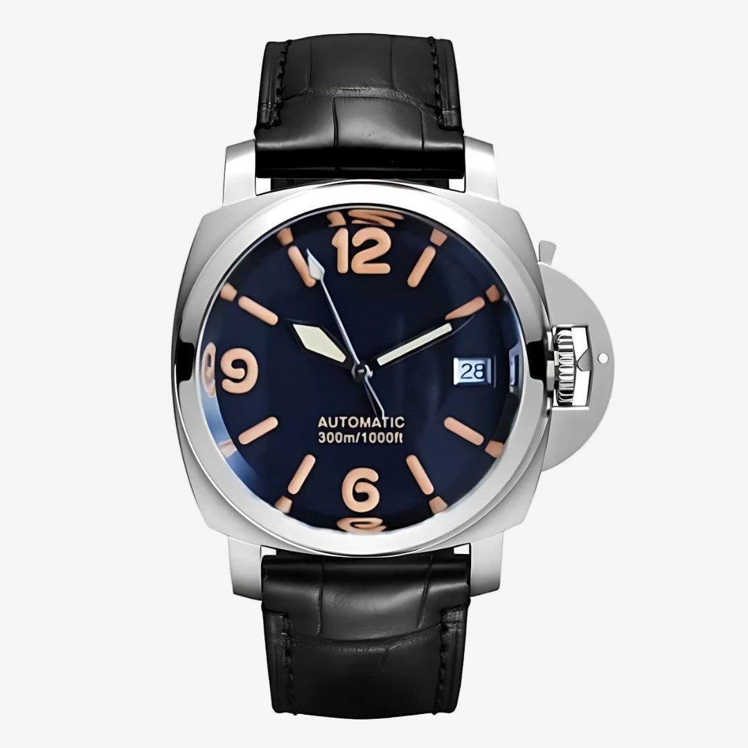 Wristwatch with black leather strap and blue dial on a white background. luminor panerai homage custom seiko mod.