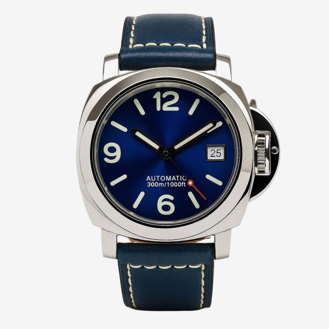 Blue watch with silver case and blue leather strap on a white background luminor homage seiko mod panerai custom