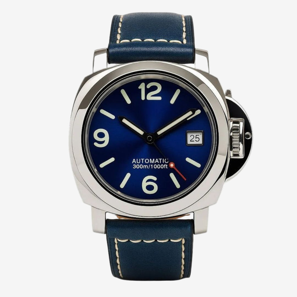 Blue watch with silver case and blue leather strap on a white background luminor homage seiko mod panerai custom