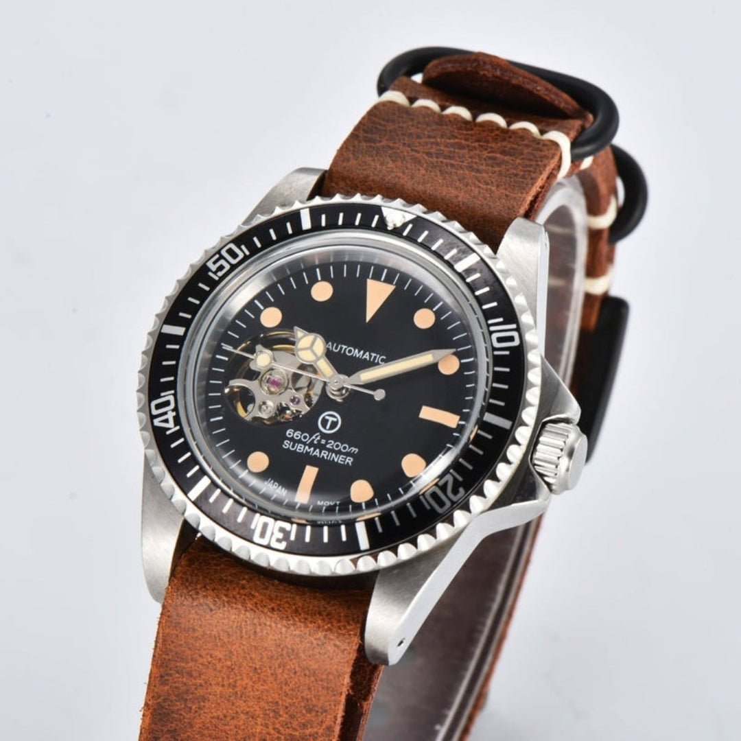 CUSTOM SEIKOSUB EDITION VINTAGE OPEN HEART MILSUB LEATHER MOD - Monomods